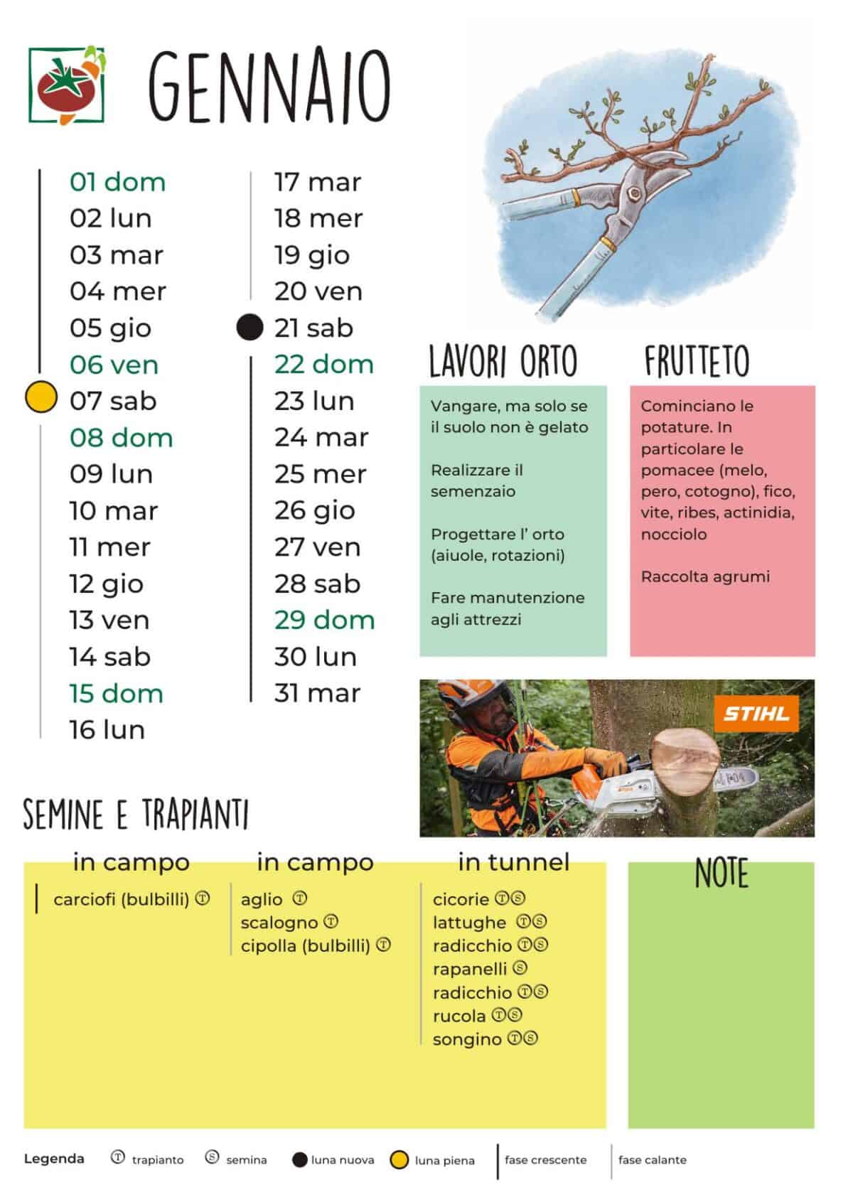 Calendario orto Gennaio 2023 fasi lunari, semine e lavori